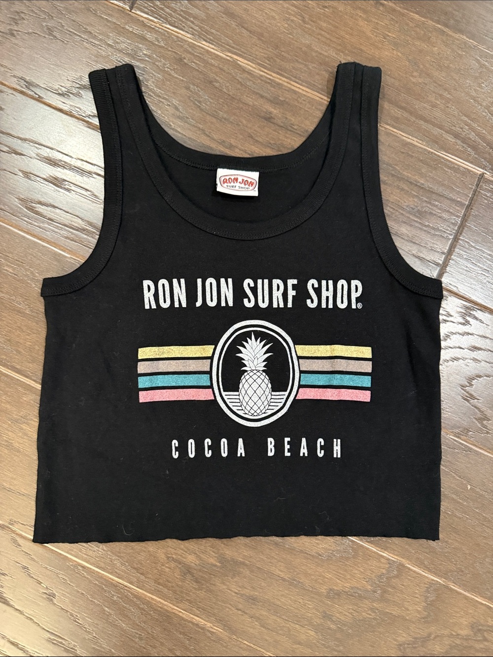 Ron Jon Black Crop Tank with Pineapple and Pastel Stripes